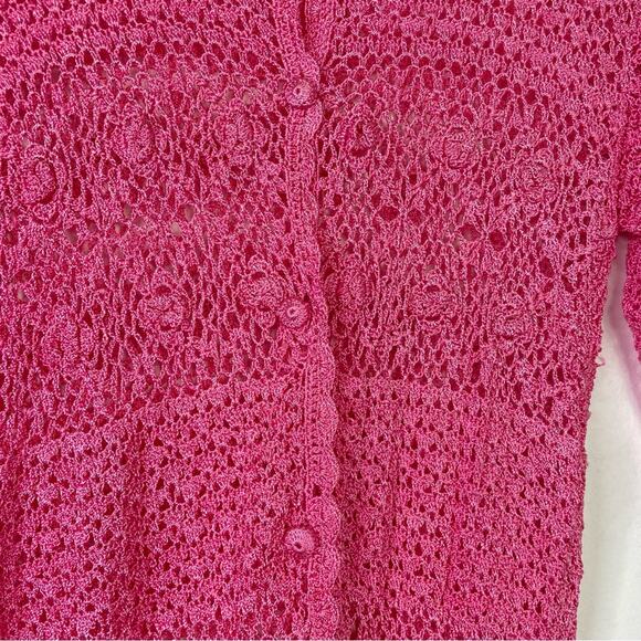 Knit Pink Cardigan Crochet Short Sleeve - Picture 7 of 8